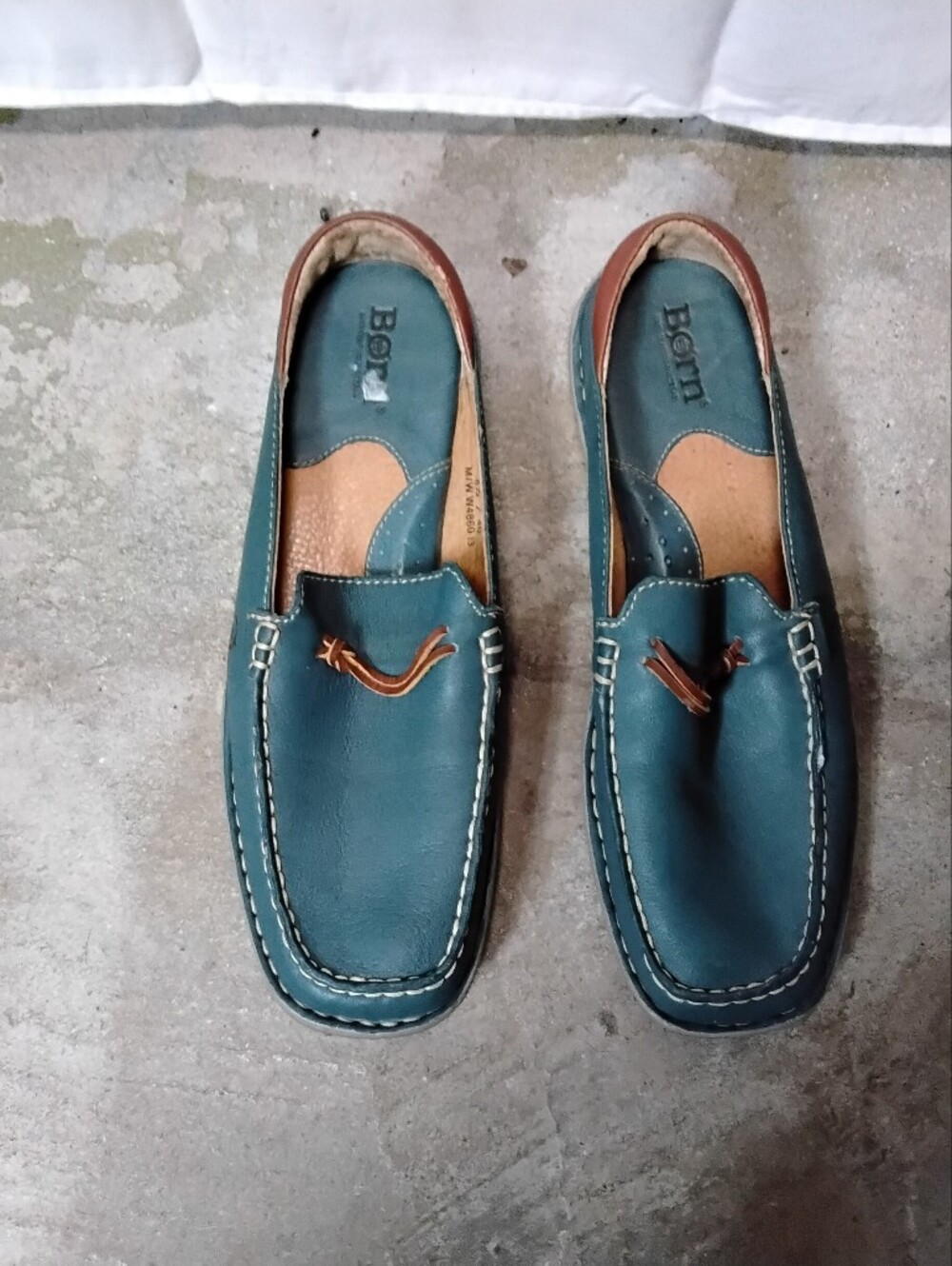 Born Teal Leather Moc Toe Slip-On Loafers with Tan Accents